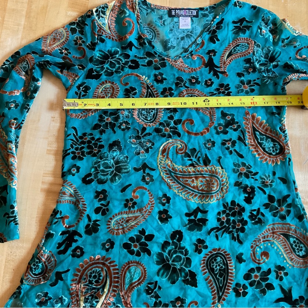 Velvet Burnout Boho Blouse Teal Paisley Tunic Festival Top S - Picture 9 of 16